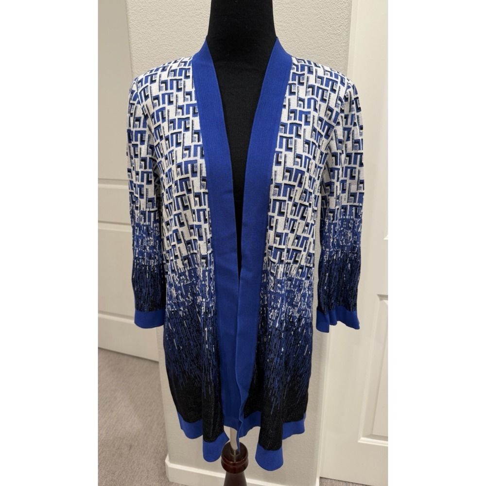 Misook Women's Geometric Knit Cardigan Blue & White Sweater Open Front S